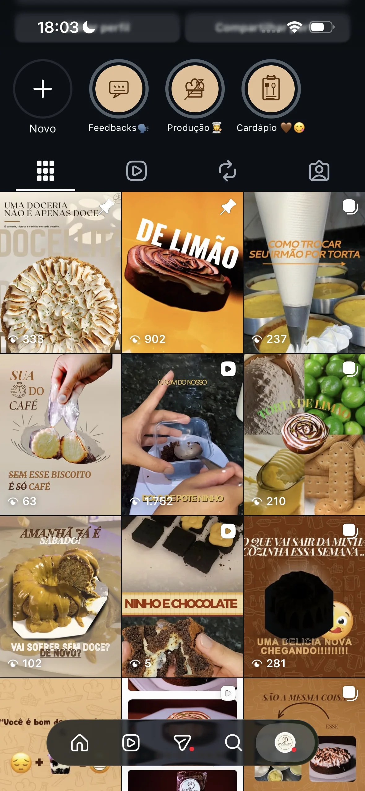 Grid de posts da Docellita após a gestão