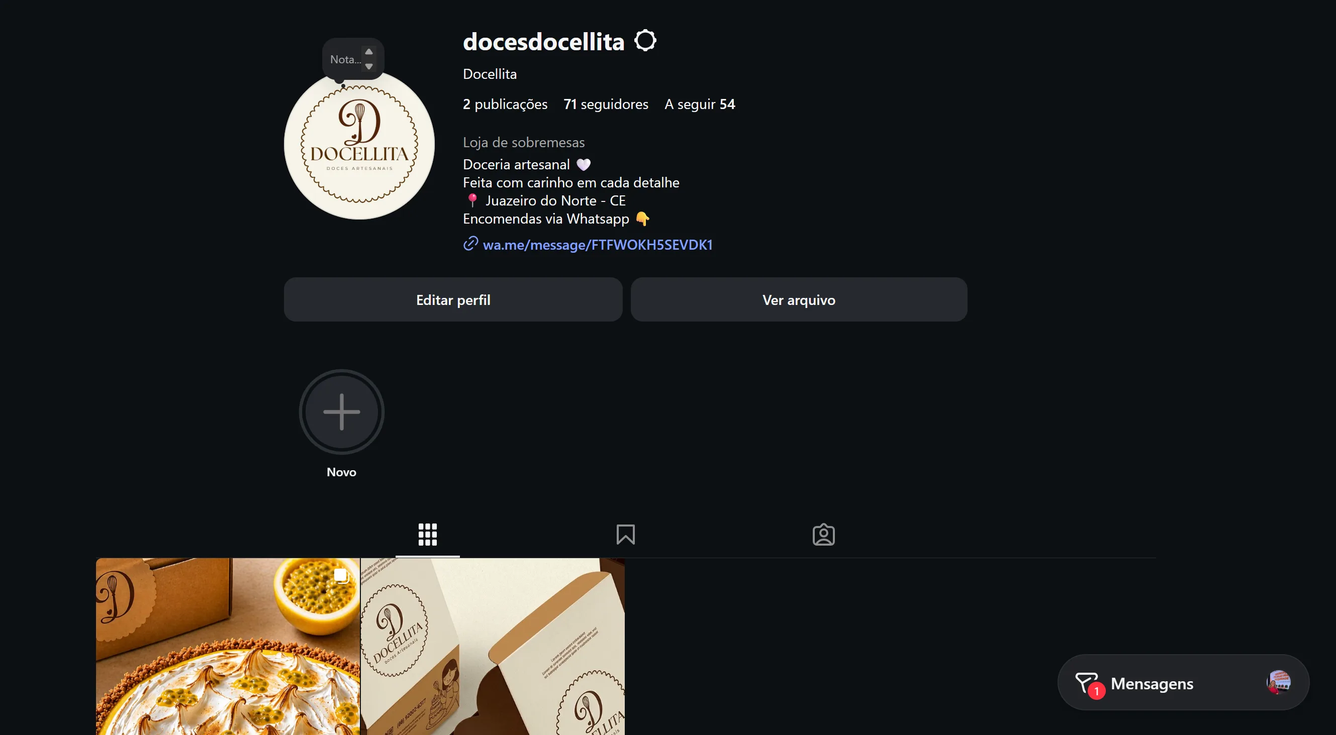 Perfil da Docellita antes: 2 posts e 71 seguidores