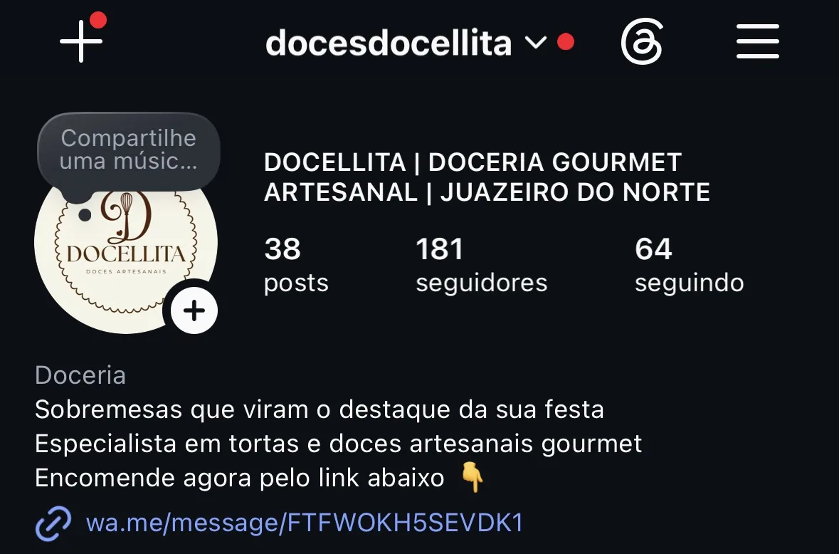 Perfil da Docellita depois: 38 posts e 181 seguidores