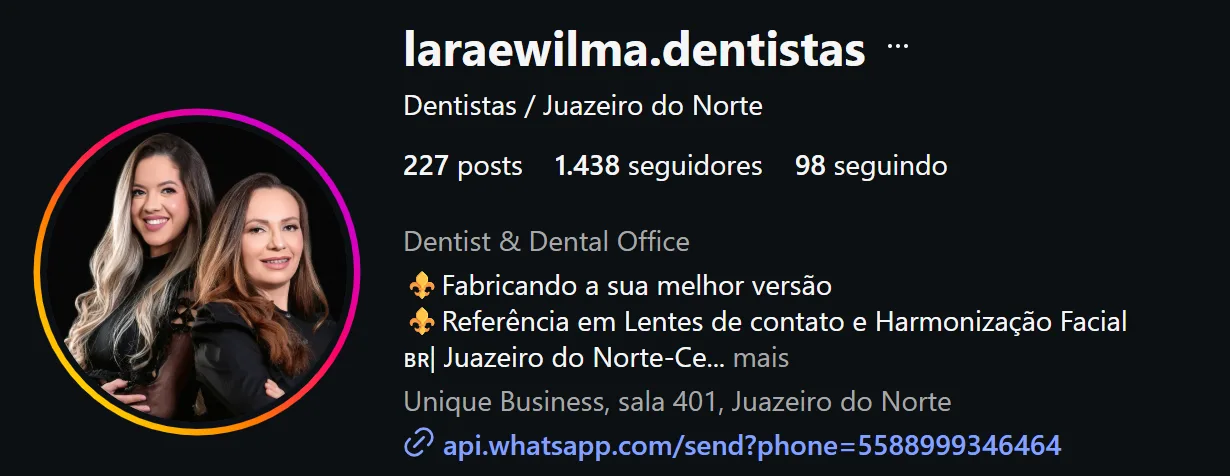 Perfil de Lara e Wilma Dentistas no Instagram